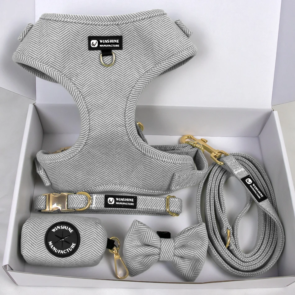 Personalized No Pull Tweed Pet Dog Harness Leash Lead Collars Set Custom Logo Wholesale Manufacturers Luxury pet boutique
