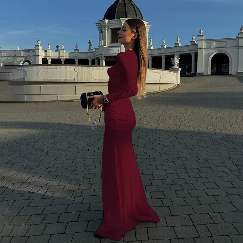2024 Autumn and winter new sexy tight round neck long dress with pleated floral temperament dress