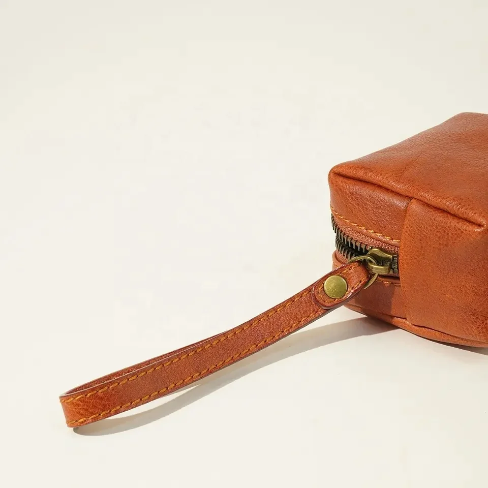 Custom Vegan Leather Small Coin Purse Square Shaped Women Wrist Strap Key Chain Coin Purse