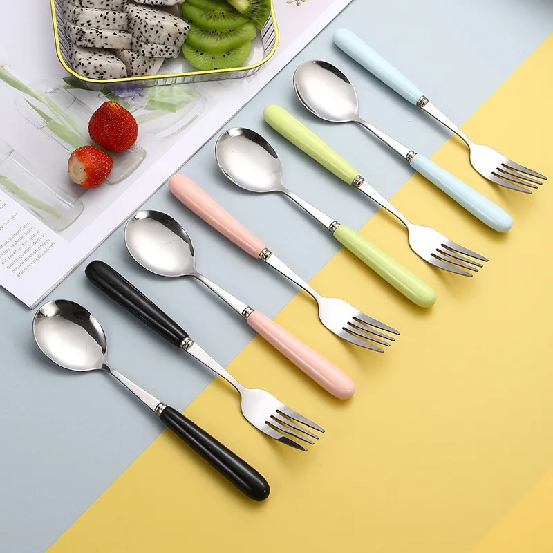 Ceramic Handle Stainless Steel Tableware Nordic Style Spoon Fork Candy Color Household Restaurant Fruit Fork