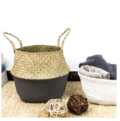 Bamboo Storage Baskets Foldable Laundry Straw Patchwork Wicker Rattan Seagrass Belly Garden Flower Pot Planter Handmade Basket