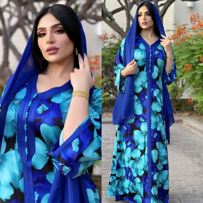 Женское платье с синими цветами Jalabiya, платье Дубай, абайя, модель Eid 2021, марокканская кафтан, Турция, Арабская, мусульманская, мусульманская одежда, новинка