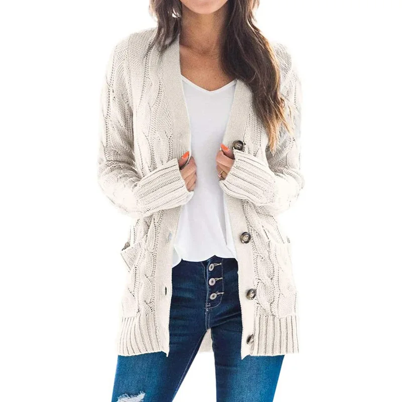 
2021 Long Sleeve Open Front Button Loose Outerwear Knitted Cardigan Sweaters Woman 