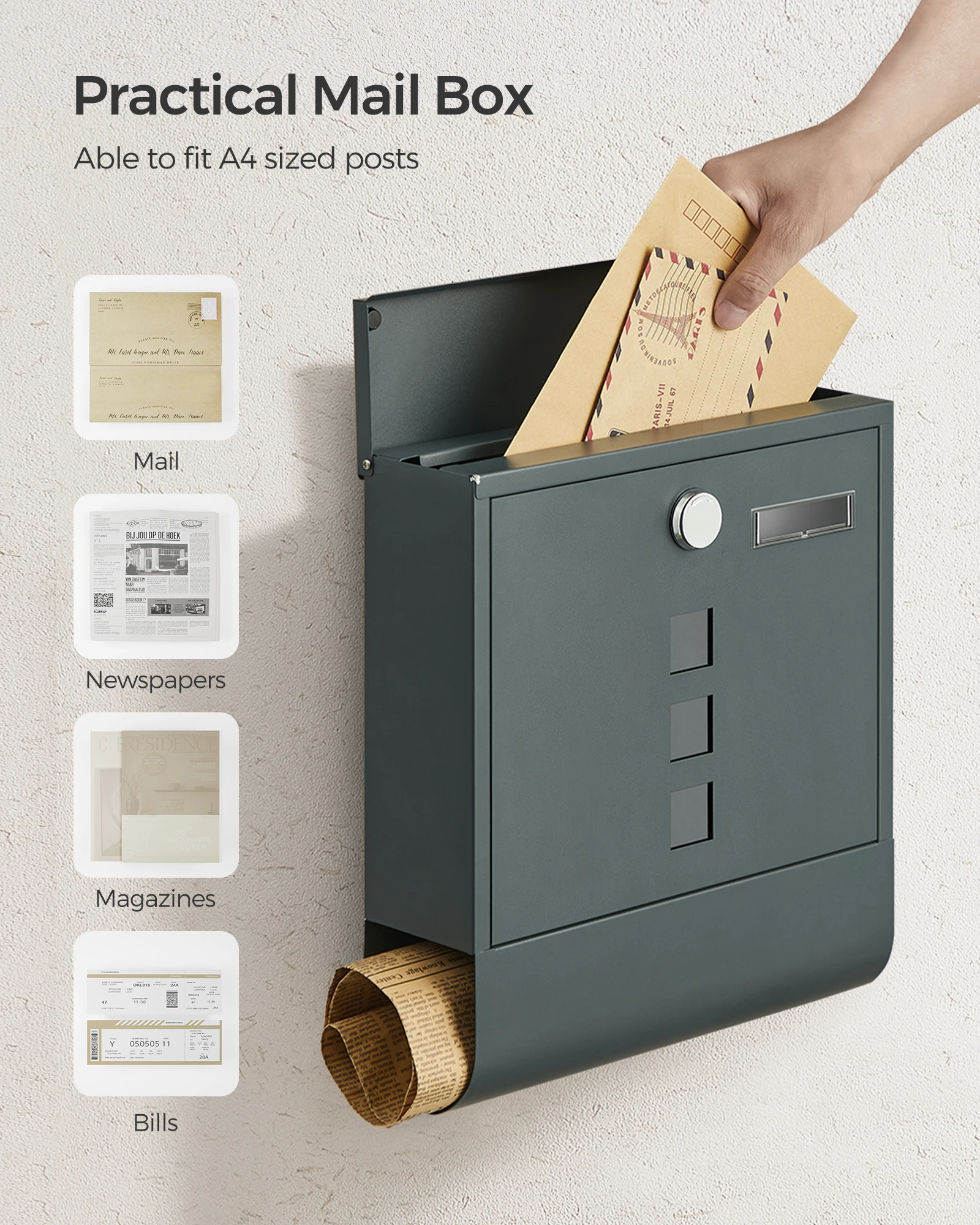 SONGMICS wholesale Steel Post box  Wall Mounted Letterbox with Copper Lock Cylinder Mailboxes Outdoor Modern