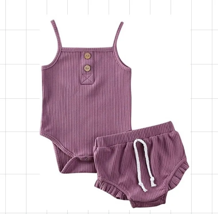 Q2BABY Infant Baby Girls Summer Knit Outfits Button Halter Romper Ruffle Drawstring Shorts Pants 2Pcs Clothes  baby romper set
