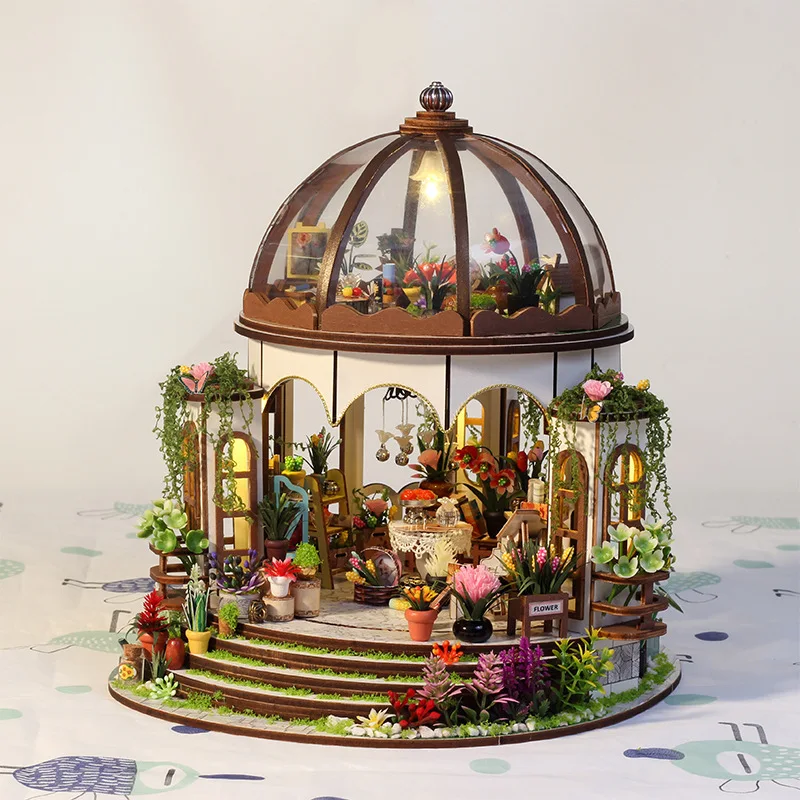 DIY Dollhouse,Wooden Miniature Furniture Kit- Mini Green House with LED Best Birthday Gifts,Dollhouse Miniature House