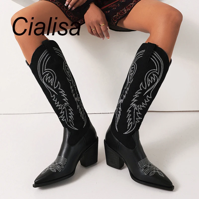 Leather Western Cowboy Boots 2022 Ins Hot Sale Black Knee-High Boots Thick Square High Heels Female Shoes Plus Size 43