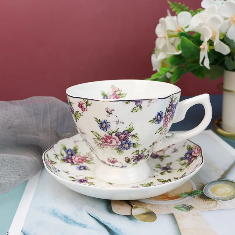 Wholesale Turkish nordic European luxury royal fine bone china ceramic flower porcelain coffee tea cup and saucer set
