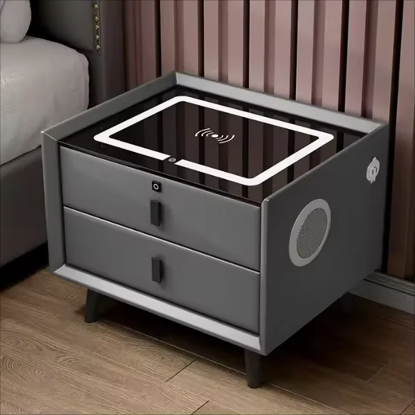Nightstand Touch Sensing Led Light Dual Usb Smart Wireless Charger Speaker Design Fingerprint Lock Bedside Table