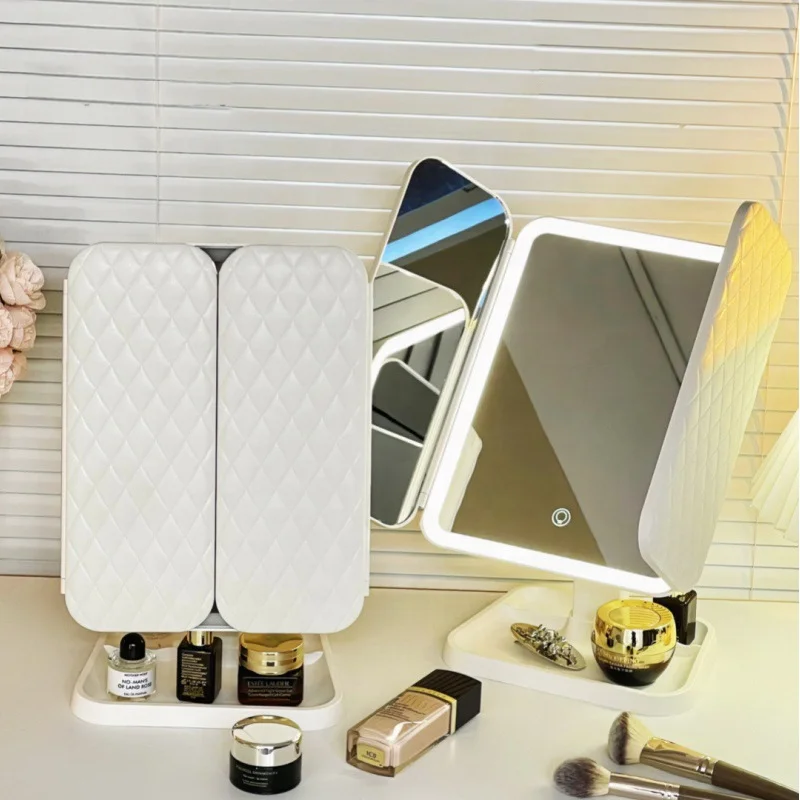 Smart Led Desktop Three-Folding Shell Leather Mirror Rotating Touch Infinite Dimming Makeup Mirror Dressing Mirror Storage Box