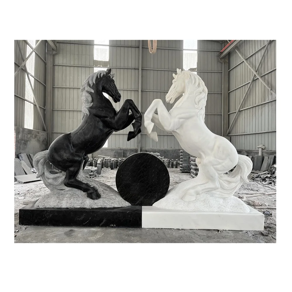 High Quality Black And White Marble Stone Hand Carving Life Size Horse Sculpture Statues For Sale