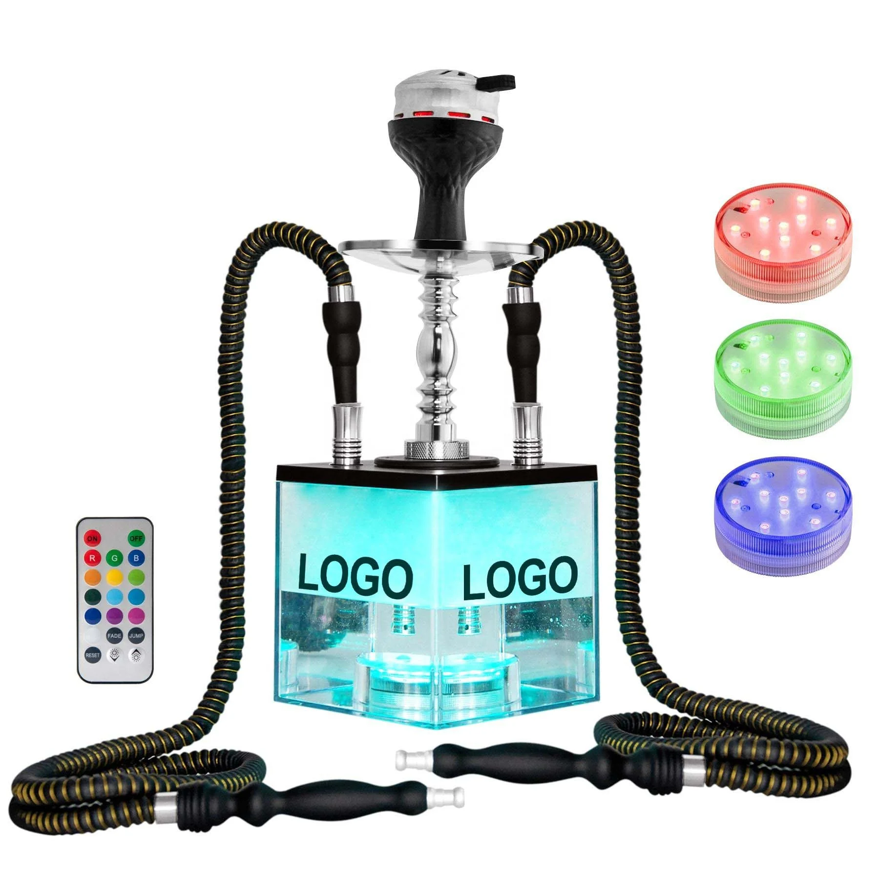 Kuke 2023 Shisha Hukka Set Big Opening Nargile Wasserpfeife Square Acrylic Hookahs Set With Everything Multicolor LED Light