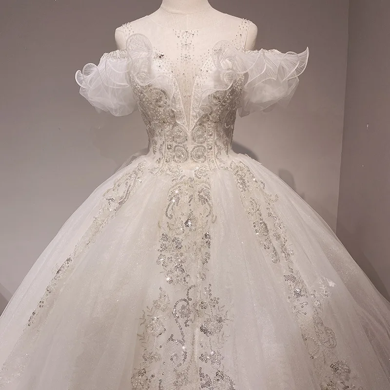 Pretty Long Lace Wedding Dress Plus Size Wedding Gown Vintage Women Fashion Casual PrintBride Floral Beach OEM Train