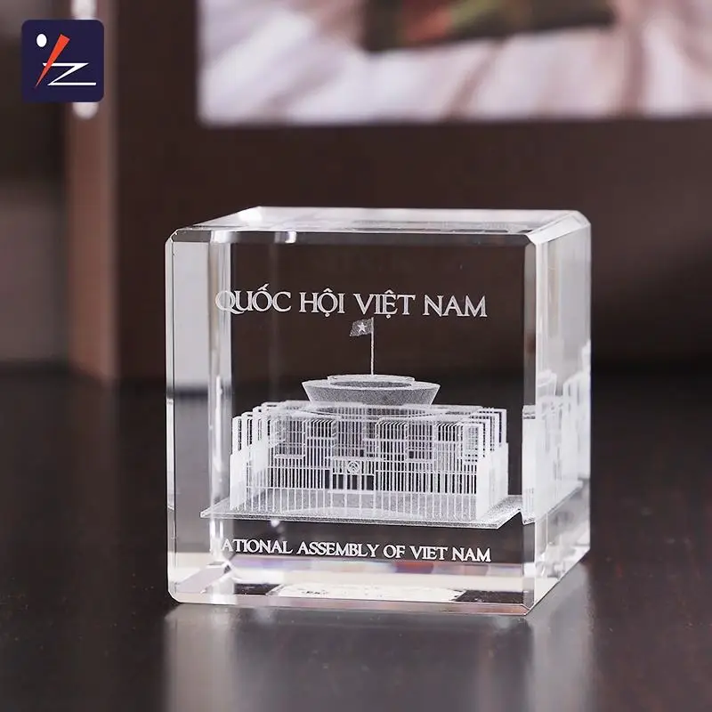 High-end Office Desktop Decoration Customized Building Model 3D Laser Engraved Crystal Cube