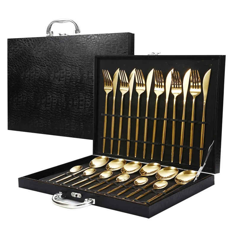 Wholesale Reusable Luxury Stainless Steel Gold Flatware Wedding Restaurant 24Pcs Modern Cutlery Set With Case