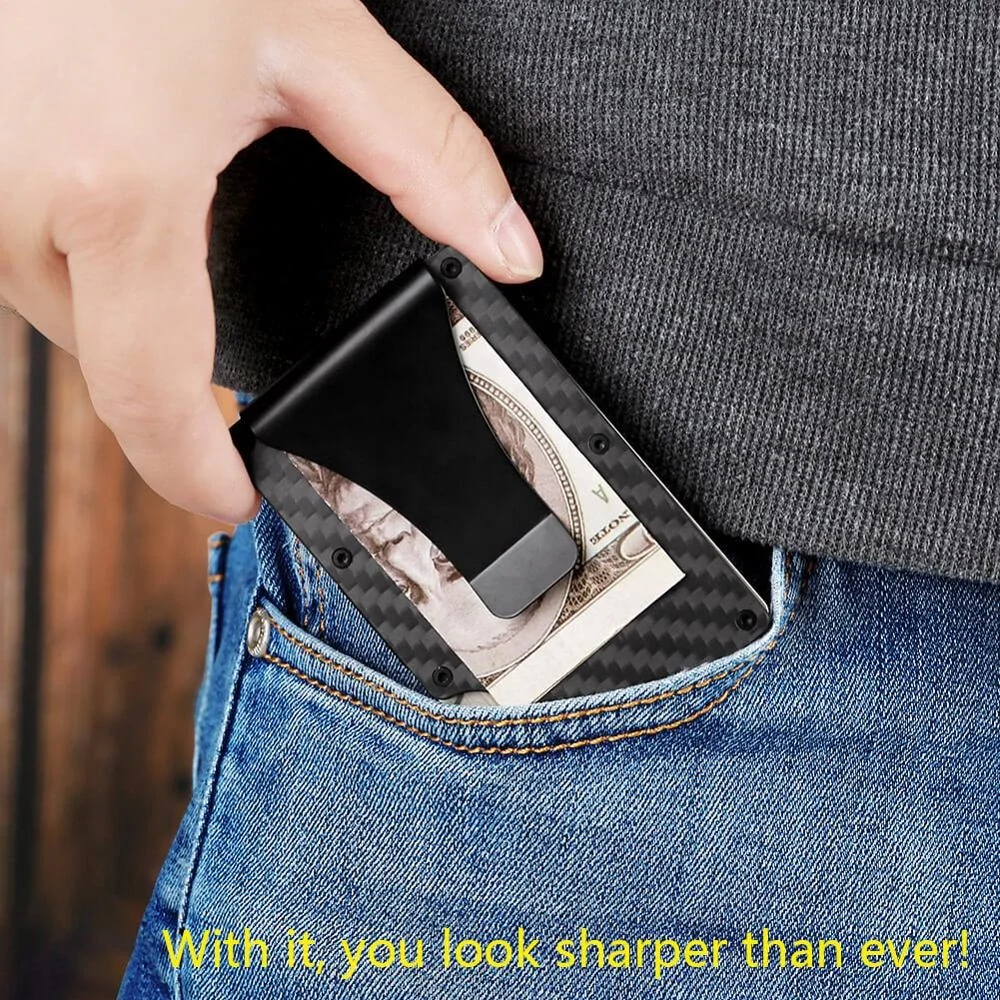 
RFID Carbon Fiber Minimalist Card Wallet Front Pocket Wallet Slim Credit Card Holder with Money Clip RFID Blocking Metal Wallet 