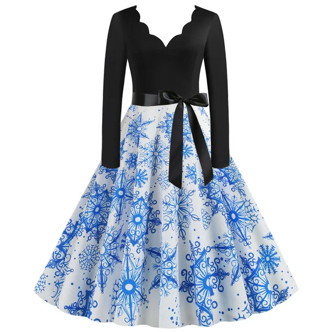 Women Christmas Cosplay Costumes Vintage Holiday Party Elk Snowflake Print Dress New Year 2025