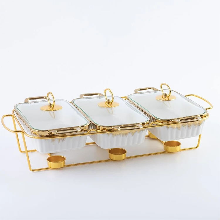 Wedding Party White Green Porcelain Food Warmer Hot Pot Luxury Ceramic Soup Food Casserole Dish Set of 3 with Glass Lid