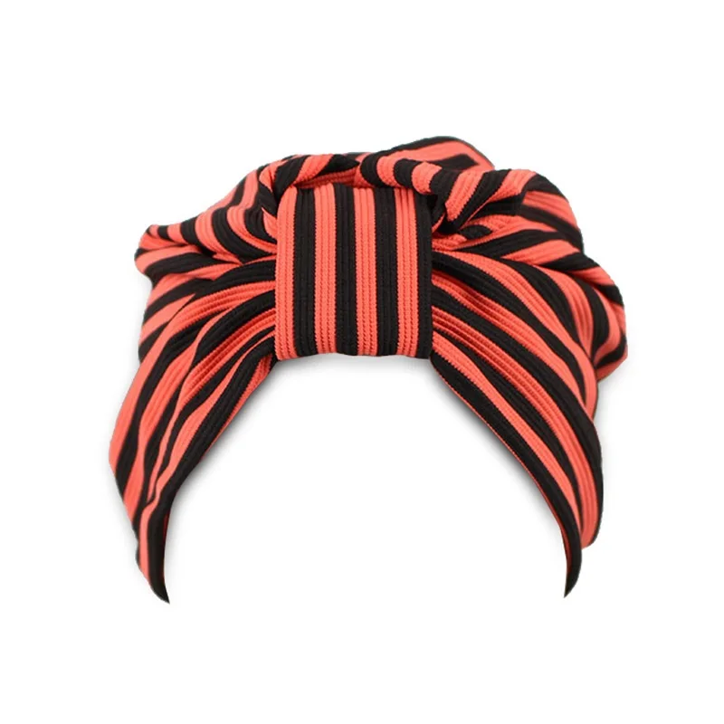 
Q636 Stretchy Black Striped Turban Head Wrap Band Sleep Hat Chemo Bandana Hijab Pleated Indian Cap Other Hats 