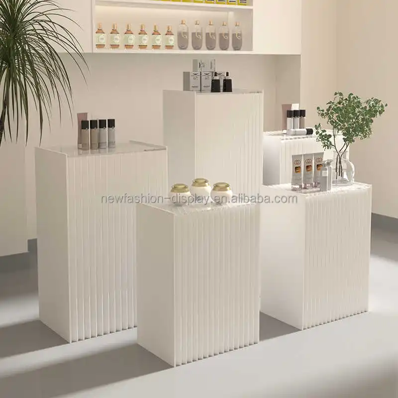 Custom White Square Shape Display Stand with Top Acrylic Quadrate Honeycomb Feature Foldable Display Stand for Product Display