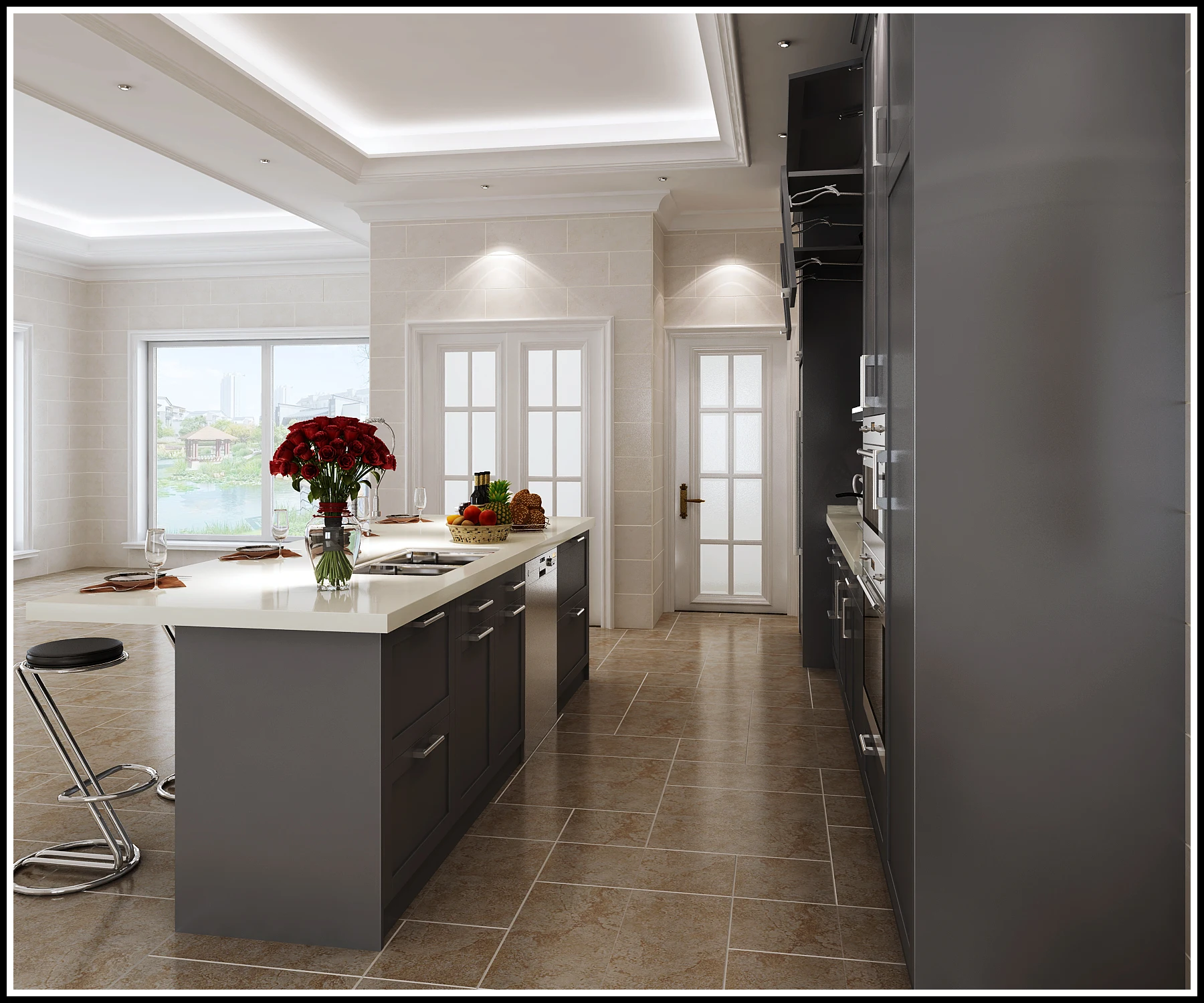 Welbom Modern Style Urban Grey Matt Paint Marble Spraying Professional 2 Pac Kitchen Cabinet Painting Set with Pantry Cupboard