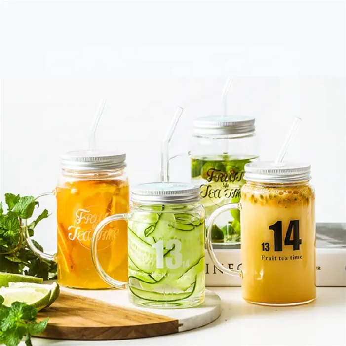 Spices Empty wide top screw engraved logo storage seasoning juice16oz glass mason jar with handle