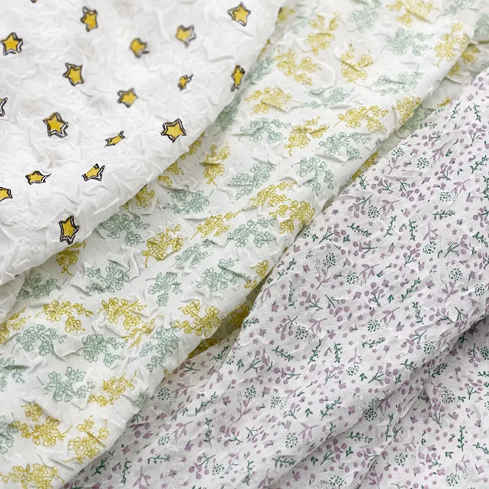 Crinkle crepe poplin plain 95gsm floral star washed pleat Crushed goffer voile 80 poly 20 print cotton fabric for dress shirts