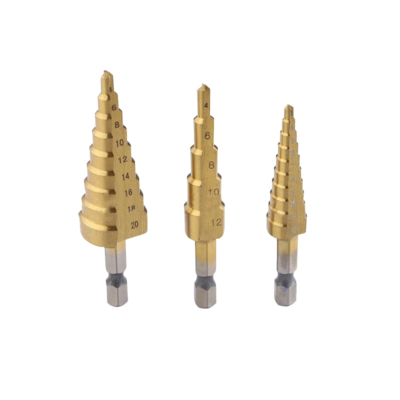 3PCS Step Drill Bits Titanium Coated 3-12mm/4-12mm/ 4-20mm with Hexagon Shank Multi-Functional Drill Bit