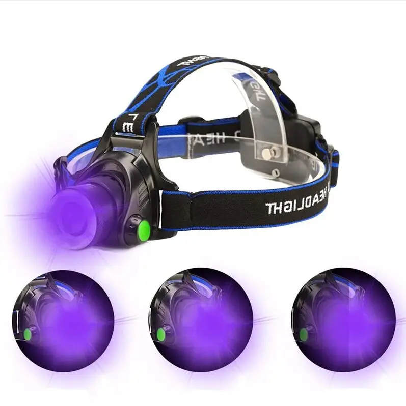 Waterproof Powerful Zoom LED Headlamp 395nm UV Black Light Rechargeable White and UV Headlamp