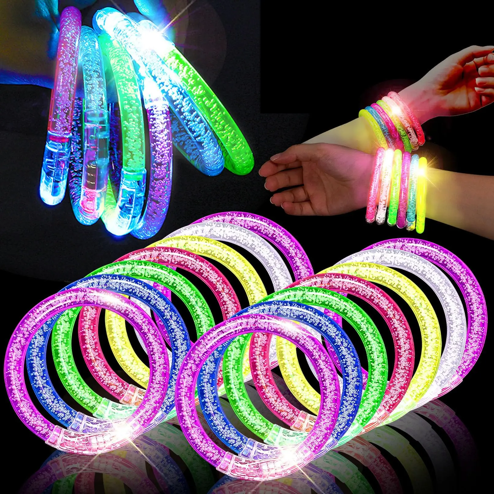 LED Plastic Bracelets for Kids/Adults 6-Color Glowing Halloween Party Favors Glow in the Dark Light up Bracelets