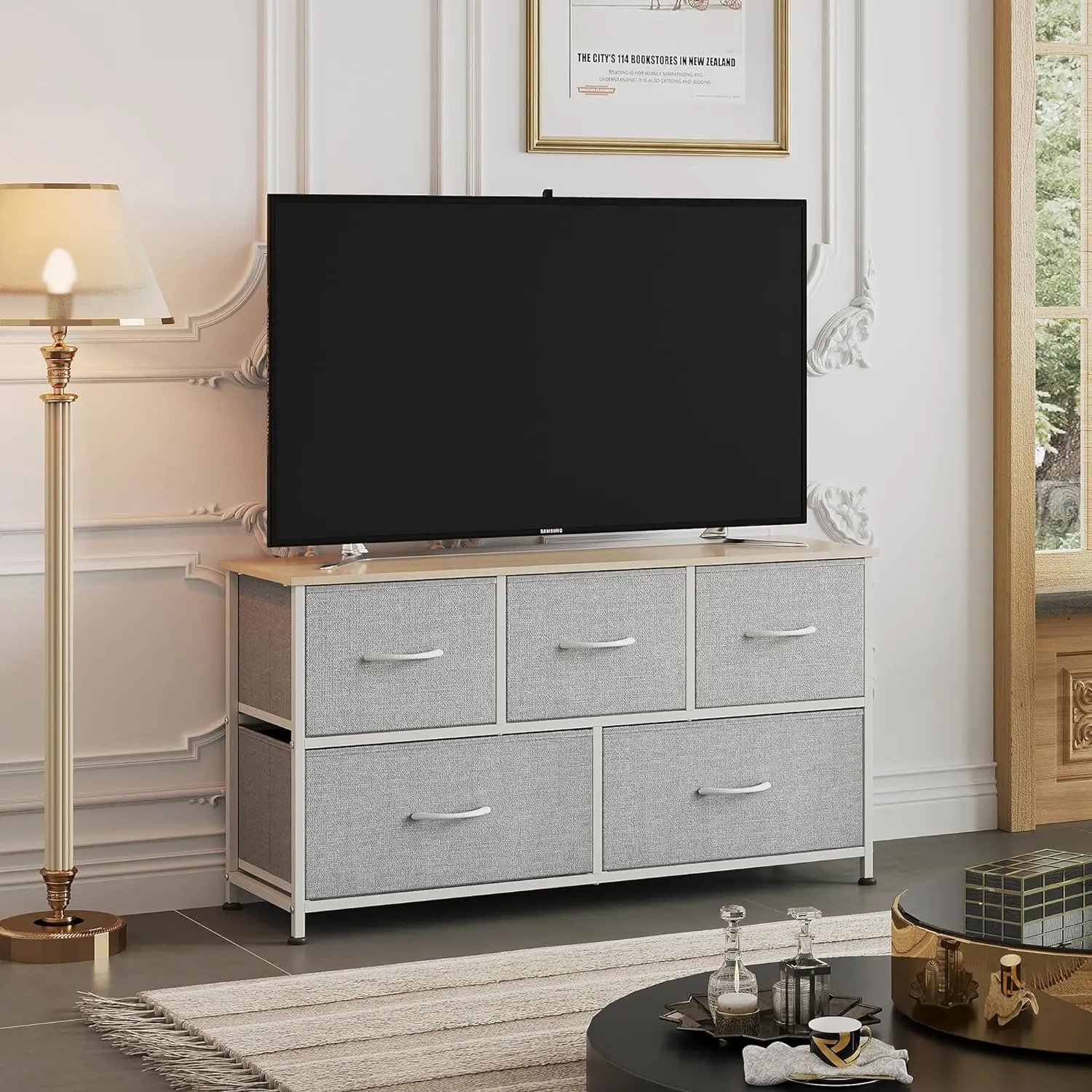 Living Room Hallway Light Grey Storage Organizer Unit Fabric Bins Closet Dresser Bedroom 5 Drawers Wide Chest Fabric Dresser
