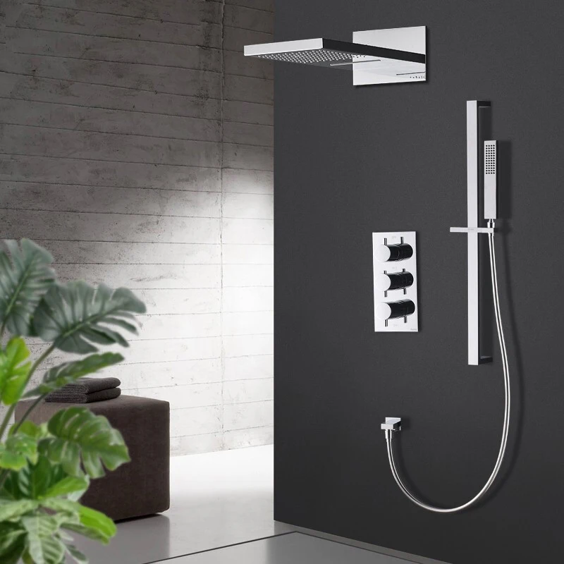 Luxury Household Chrome Square Top Shower Waterfall Bath Thermostatic Shower 3-Function Concealed Shower Set