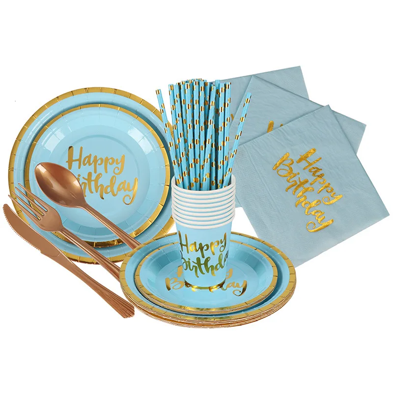 Индивидуальные биоразлагаемые простые синие аксессуары для торта одноразовые бумажные наборы посуды для дня рождения