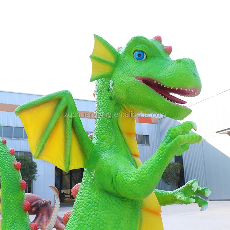 Cute Displays Children Amusement Green Animatronic Cartoon Dinosaur Animal Dragon Moving Sculpture