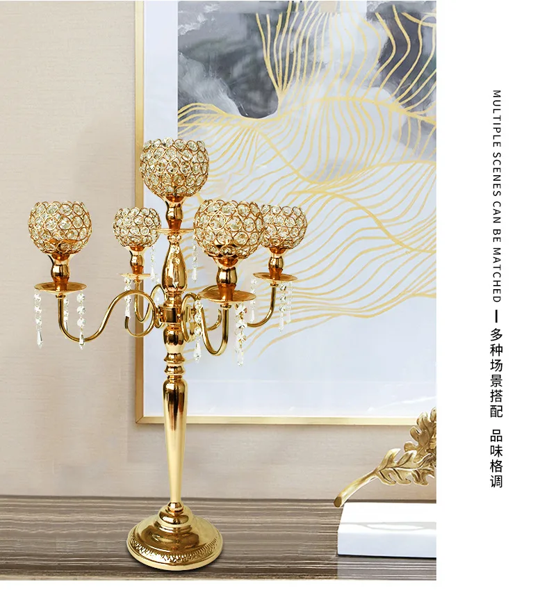 Gold Metal Crystal Candlesticks 5 Arms Crystal Candelabra For Tealight Candles Holders Classic Wedding Party Table Centerpieces