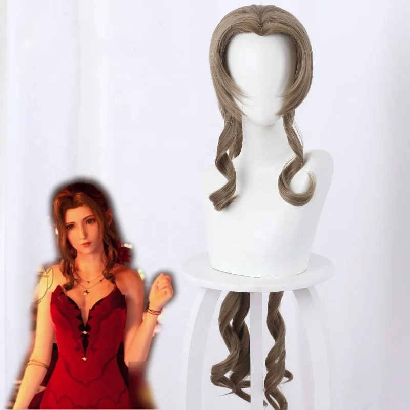 Wholesale 90cm Long Flaxen Peluca Cosplay Final Fantasy 7 Anime Aerith Gainsborough Wig Cosplay Synthetic Wig Kinky Curl 1PC