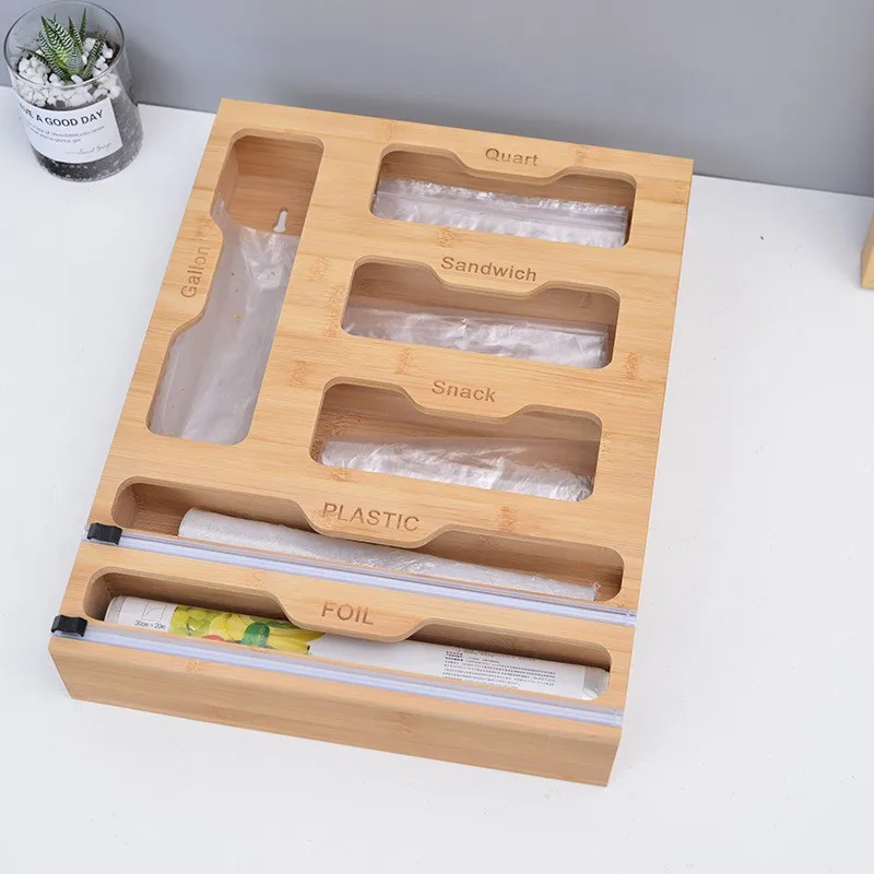 wholesale custom good price bamboo tea storage box bamboo ziplock bag organizer cling film cutter