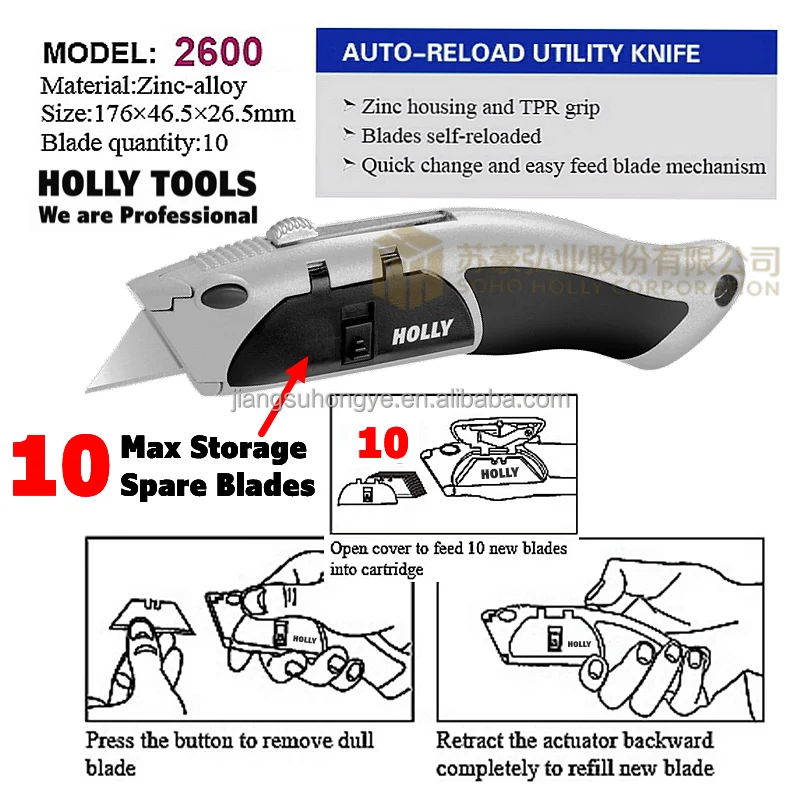 New TPR Grip Zinc Alloy Auto Self Load Blade Retractable Utility Knife Heavy Duty Manual Box Cutter with 10 Spare Reload Blade