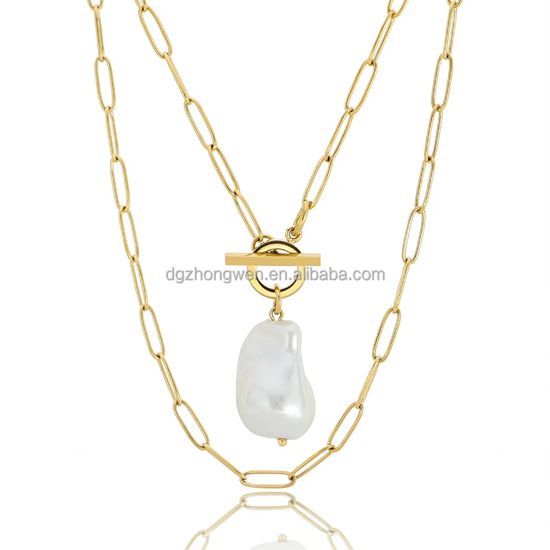 Zhongwen Fashion 18k Gold Plated Tarnish Free 316L Stainless Steel Big Fresh Water Pearl Necklace With OT Clasp