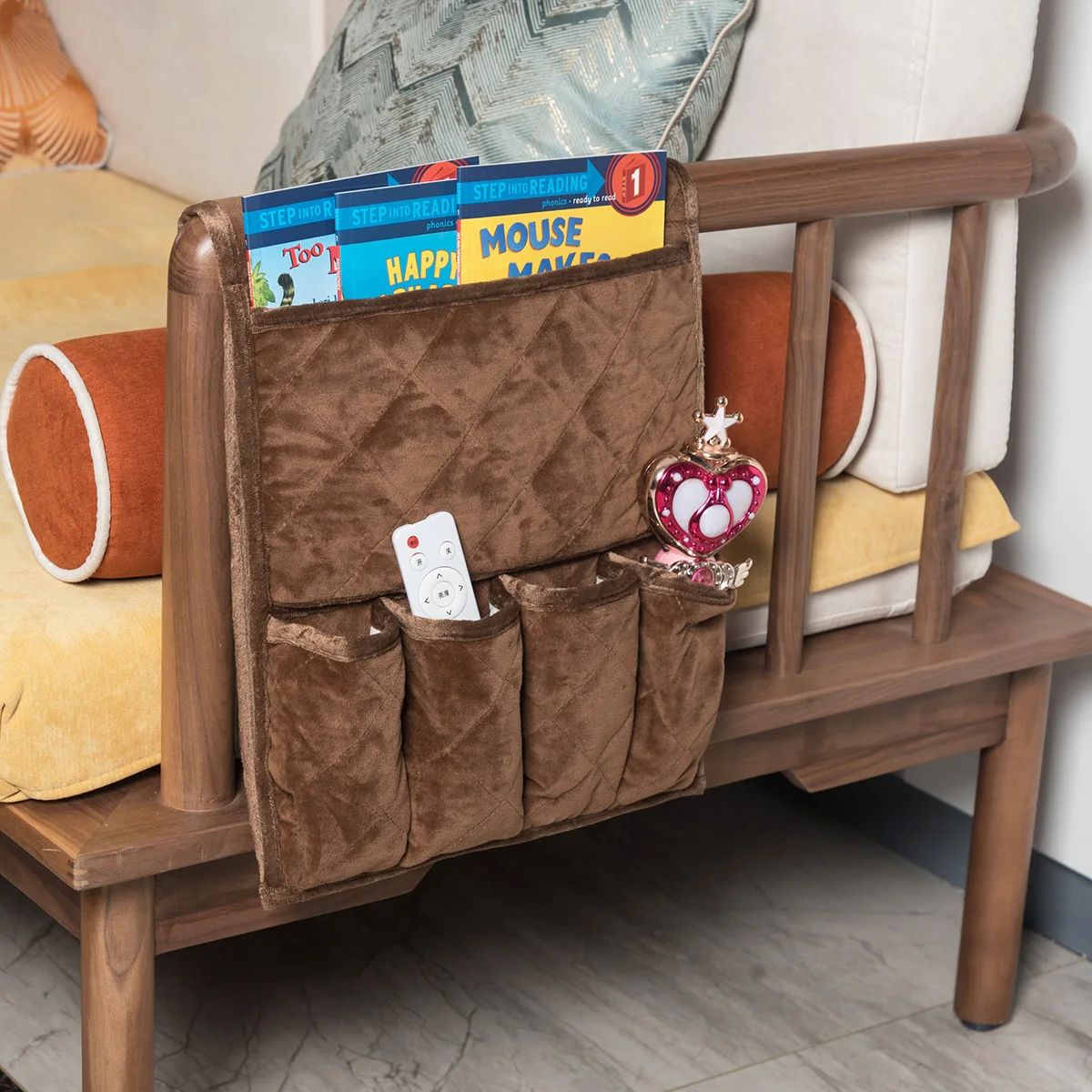 Quilted Velvet Sofa Armrest Caddy & Remote Control Organizer with Anti-slip Backing