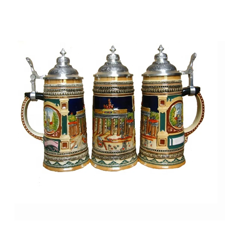 Custom High Relief Wolf Pack Retro Design German Beer Mug with Pewter Lid