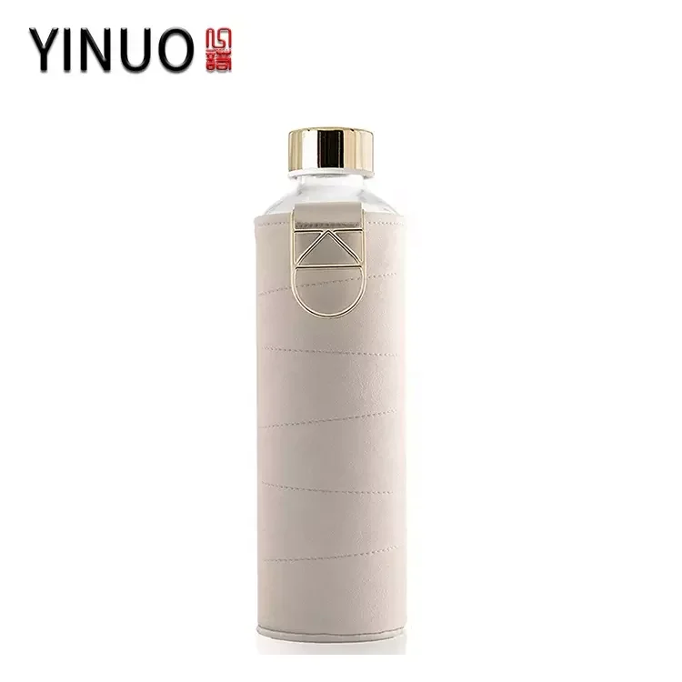 BPA Free Leak Proof Borosilicate Large Glass Water Bottle with Faux Leather Sleeve And Logo