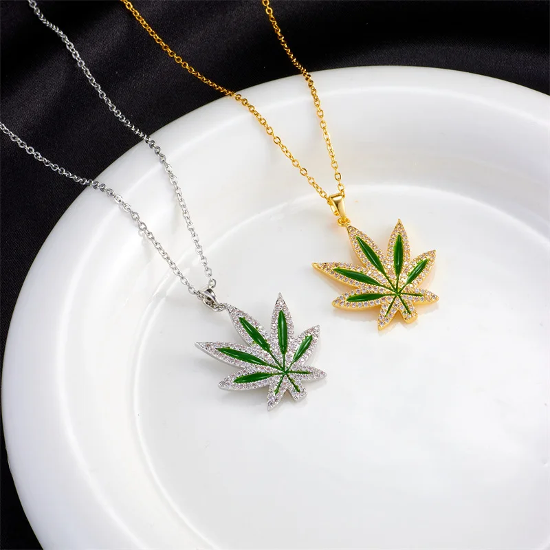 Stylish Hip Hop Jewelry Stainless Steel Chain Enamel Zircon Maple Leaf Shape Pendant Necklace