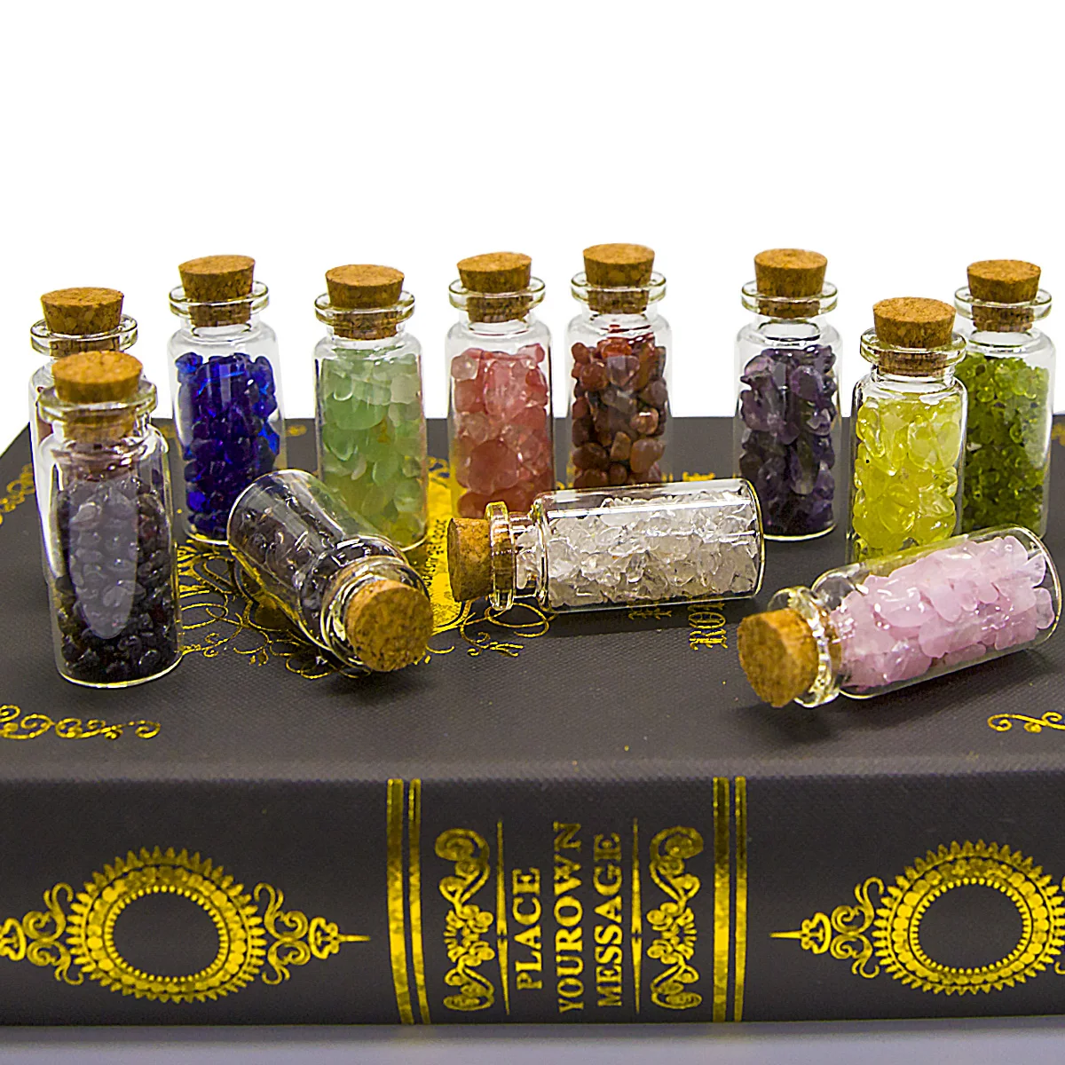 Luxury Amazon Hot Sale Spiritual Healing Chakra Set European-style Raw Colorful Crystal Energy Stones in Glass Bottle of