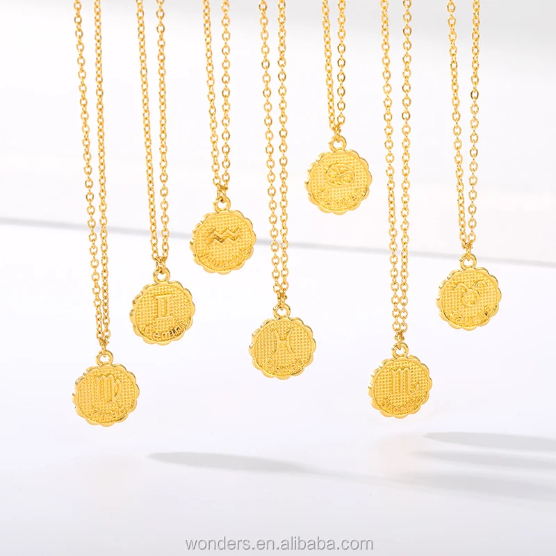 Gold Zodiac Necklace Coin Pendant Zodiac Sign Necklace Alloy Fashion Jewelry Low Factory Price