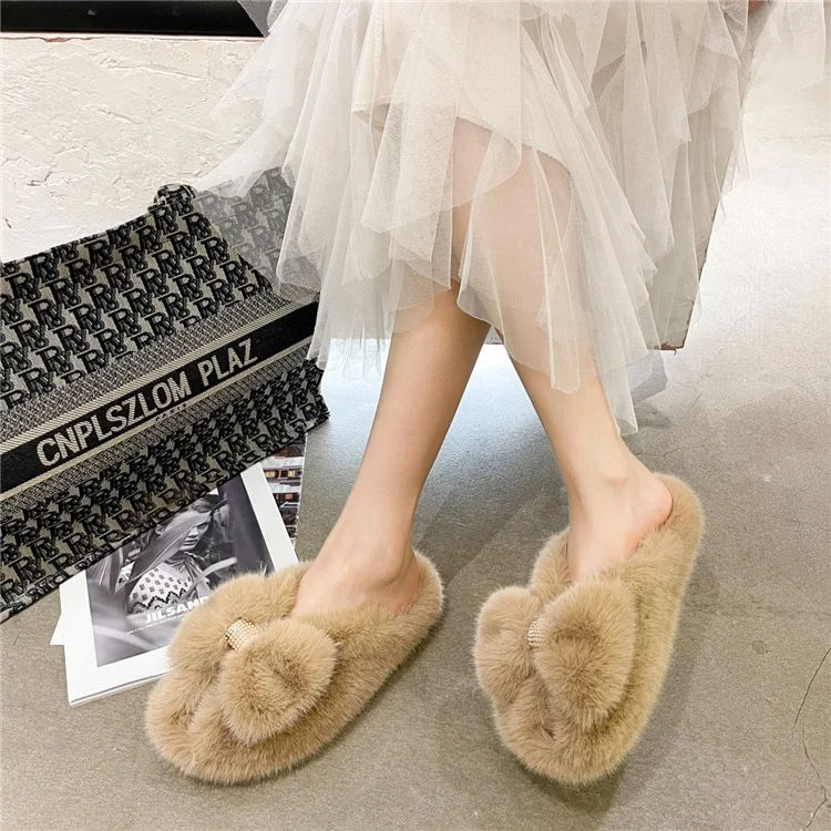 Международная торговля, женские шерстяные тапочки большого размера с бантом, новинка 2021 года, теплые плюшевые шлепанцы на толстой подошве со стразами