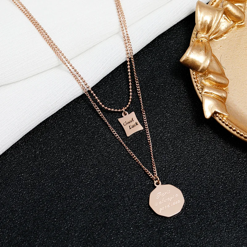 Ins Gold Stainless Steel Good Luck Small Square Two Layers Clavicle Chain Necklace for Women Jewelry Wholesale