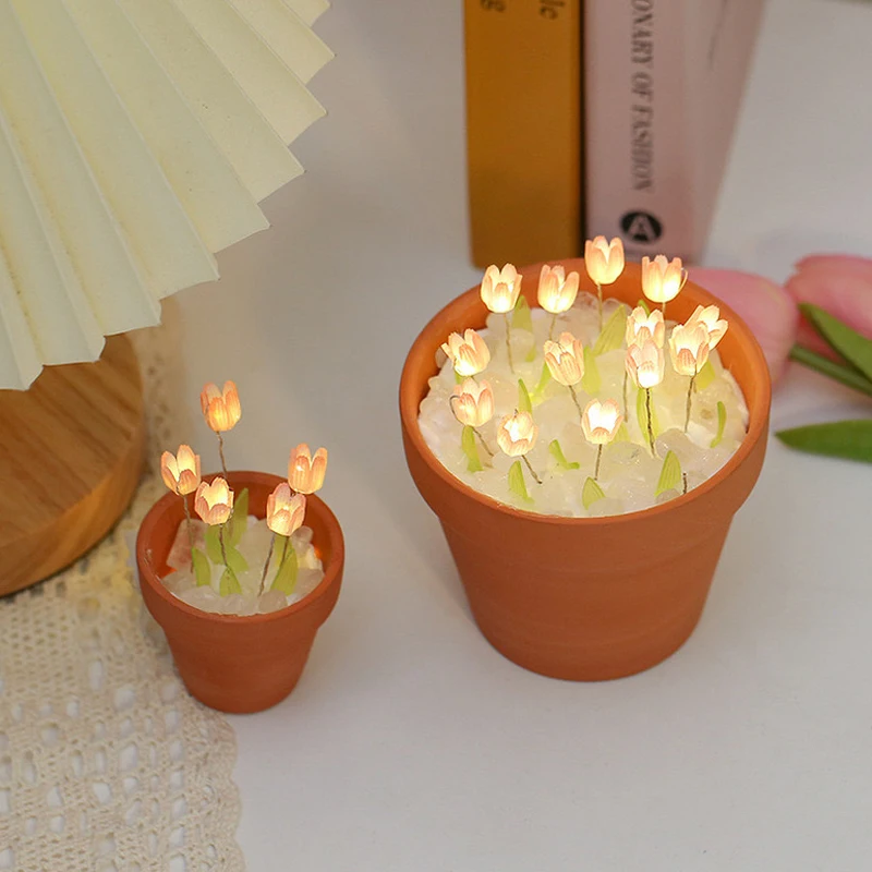 Desktop Decoration Lamp INS Girl Bedroom Living Room Birthday Gift Holiday Gift Handmade DIY Potted Tulip Small Night Light