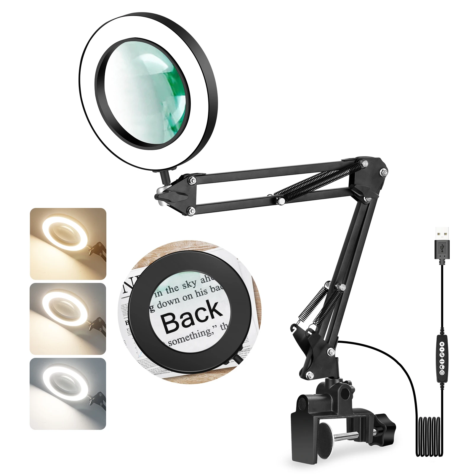 Upgrade 5X Magnifying Glass With Light and Clamp 3 Color 10 Level Brightness Timing Desk Lamp With Magnifying Glass for Reading