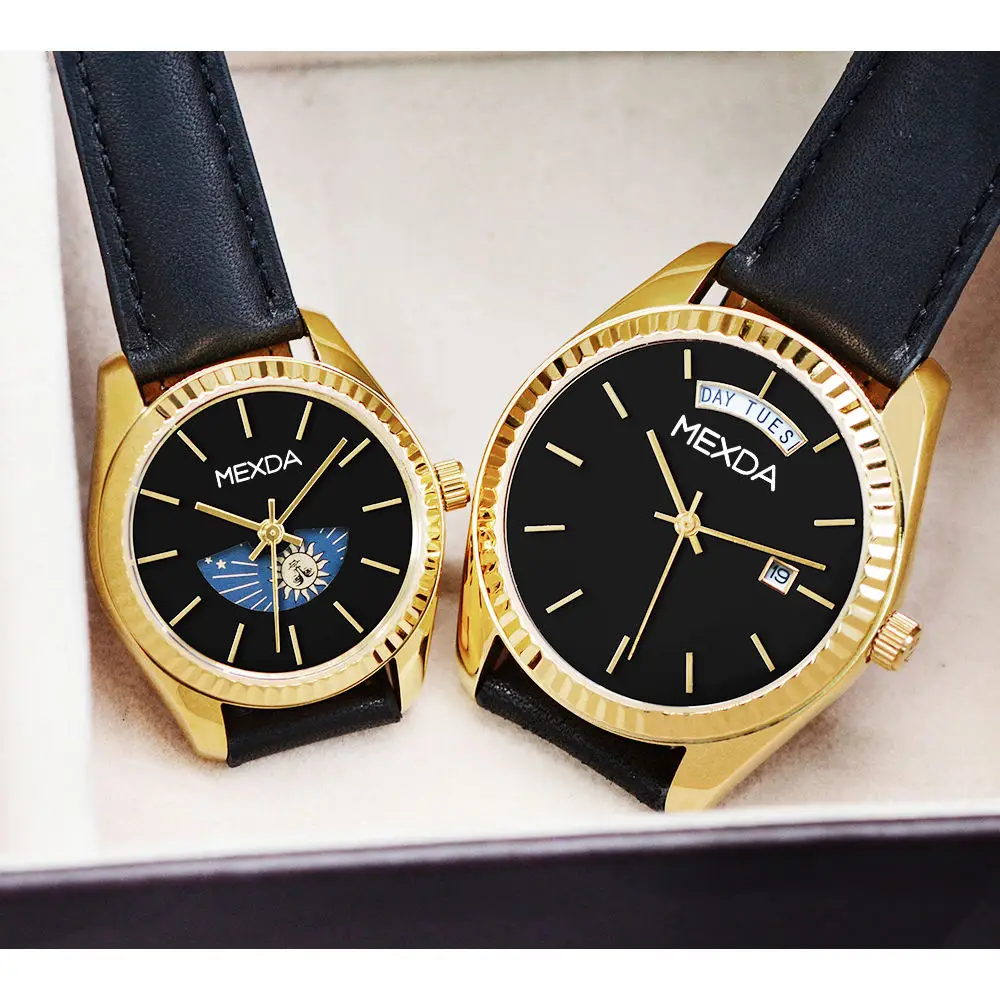 MEXDA Japanese Quartz Movement Genuine Leather Strap Moonphase WatchCustom Logo Watch Stainless Steel for Couple